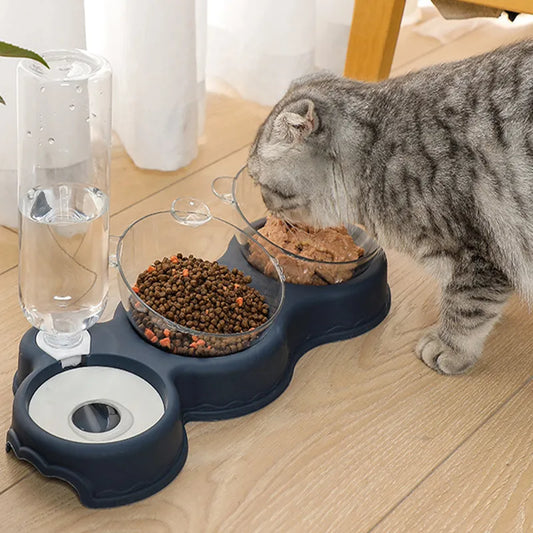 Pet Cat Bowl Automatic Feeder 3-In-1 Dog Cat Food Bowl with Water Fountain Double Bowl Drinking Raised Stand Dish Bowls for Cats