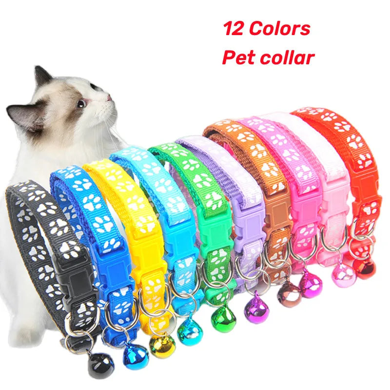 1Pc Pet Cat Bell Collar Cat Paw Print Adjustable Buckle Cat Necklace Pet Bell Dog Cat Accessories 12 Colors Pet Products