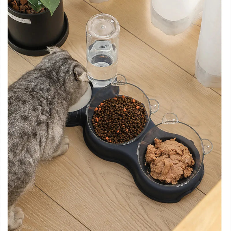 Pet Cat Bowl Automatic Feeder 3-In-1 Dog Cat Food Bowl with Water Fountain Double Bowl Drinking Raised Stand Dish Bowls for Cats